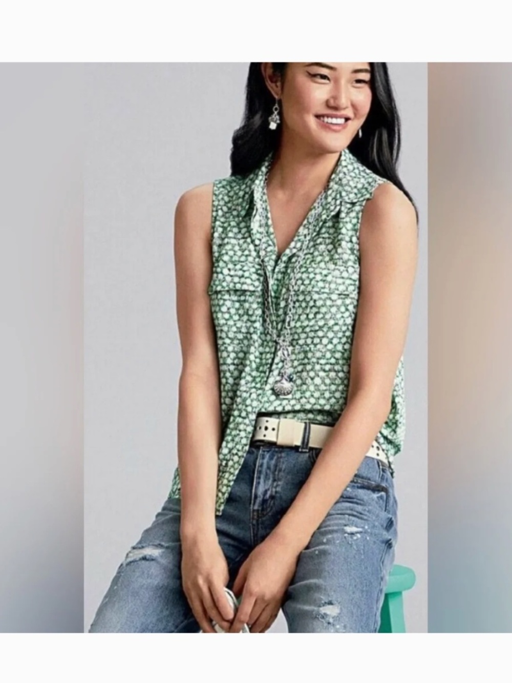 Cabi Sea Glass Green Shimmer Sleeveless Tank Top Blouse #5910 Size Medium
